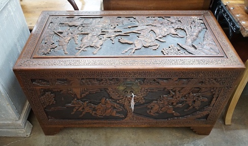 A Chinese carved camphorwood coffer, length 103cm, depth 52cm, height 59cm